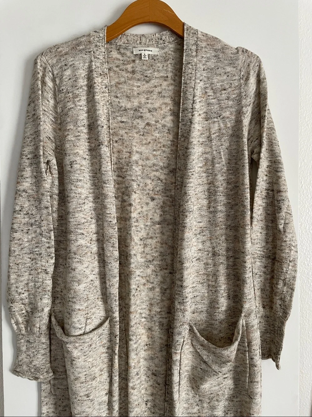 Max Studio Cotton Linen Blend Long Duster Cardigan Sweater Ivory/Brown NWOT